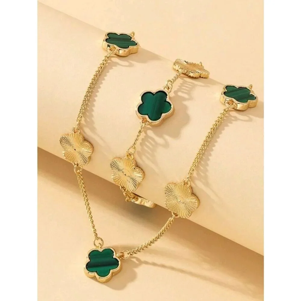 Gold & Green Quatrefoil Clover Necklace & Bracelet